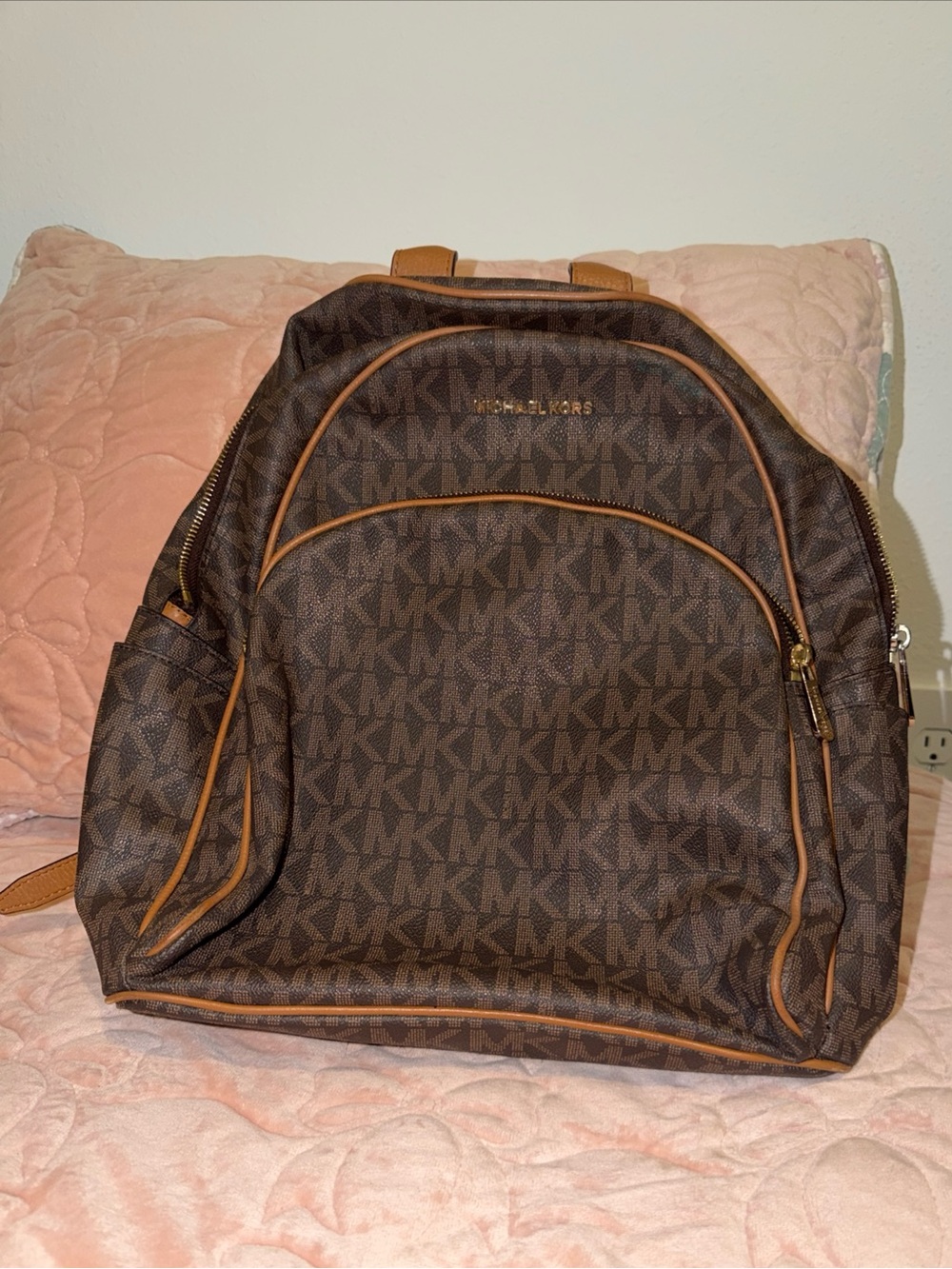 Michael Kors Brown Monogram Backpack with Tan Trim